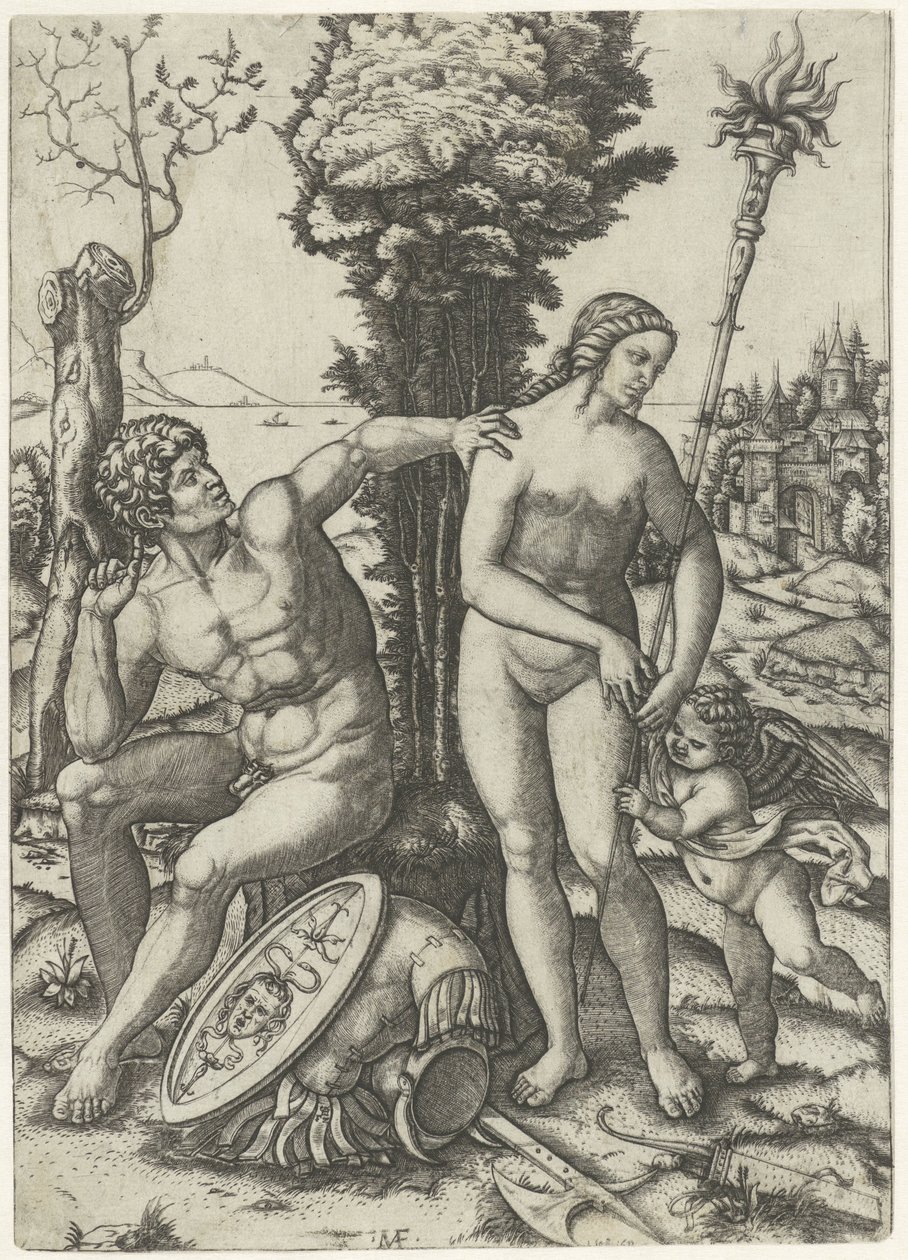 Mars og Venus som et kærligt par med Amor af Marcantonio Raimondi