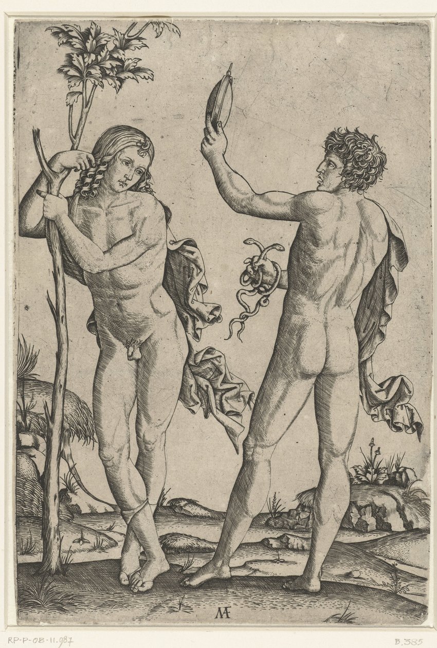 Nøgen mand lænet op ad træet og nøgen mand med spejl og to slanger af Marcantonio Raimondi