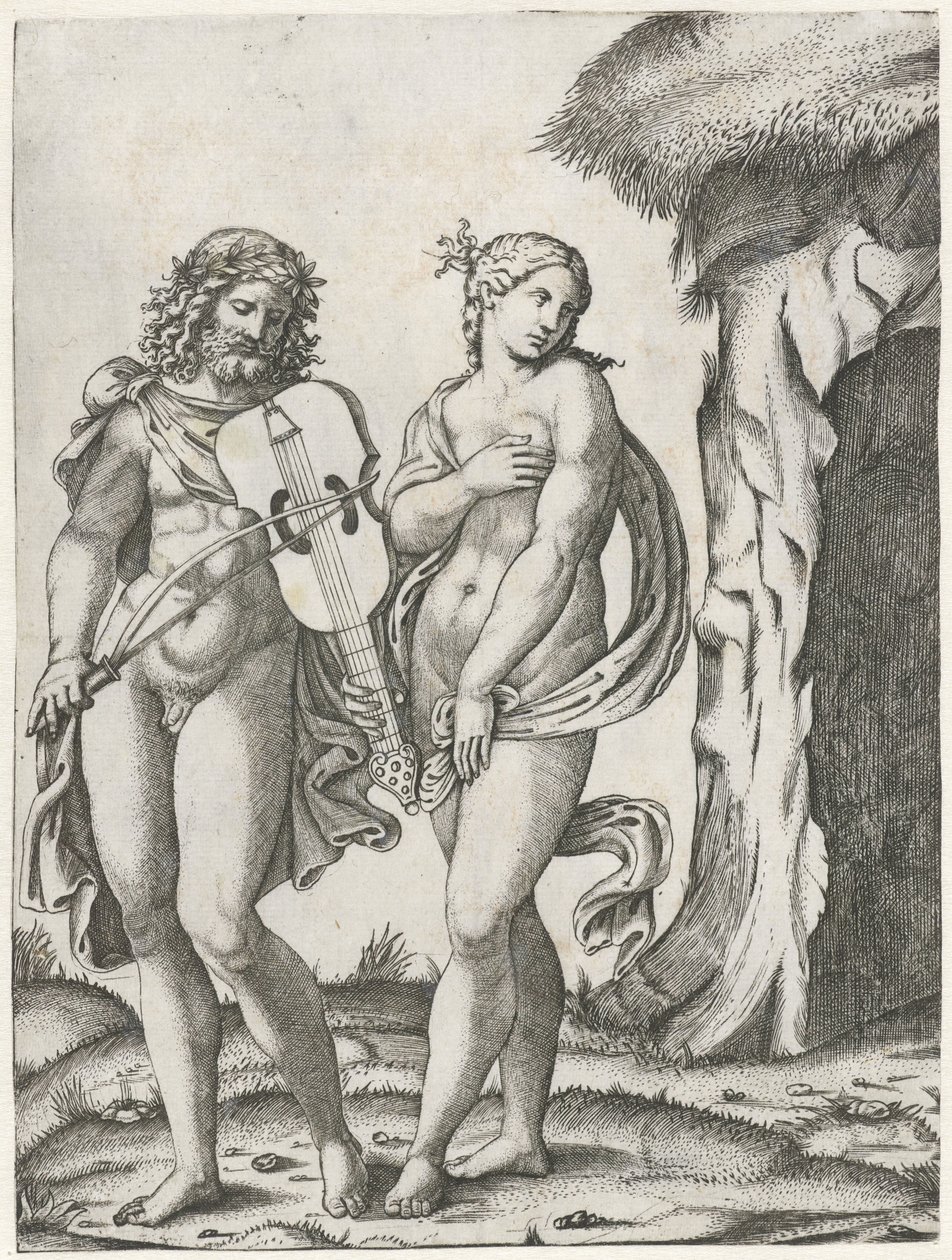 Orpheus spiller bratsch, før Eurydike går til underverdenen af Marcantonio Raimondi