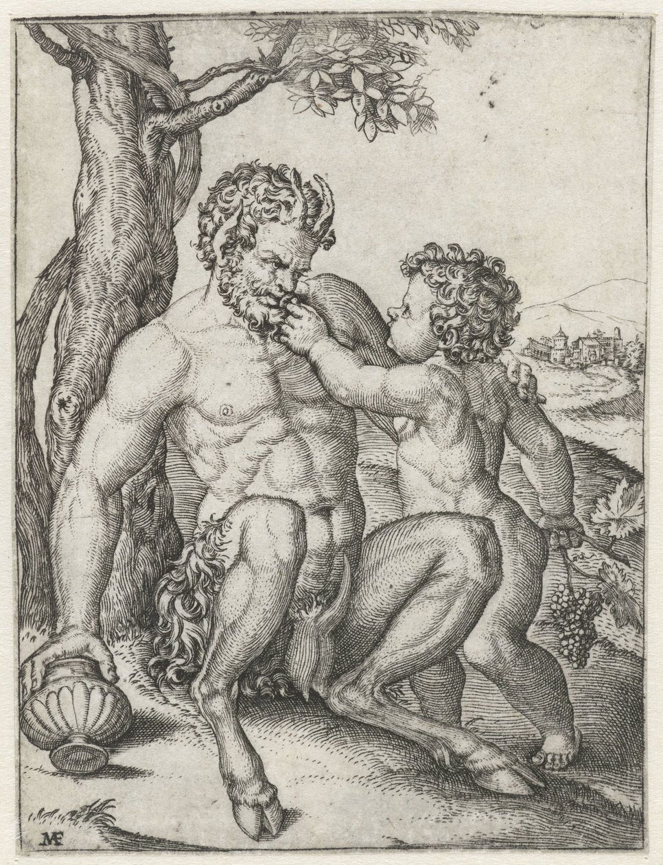 Pande med drikkekop og Bacchus som barn med drue af Marcantonio Raimondi