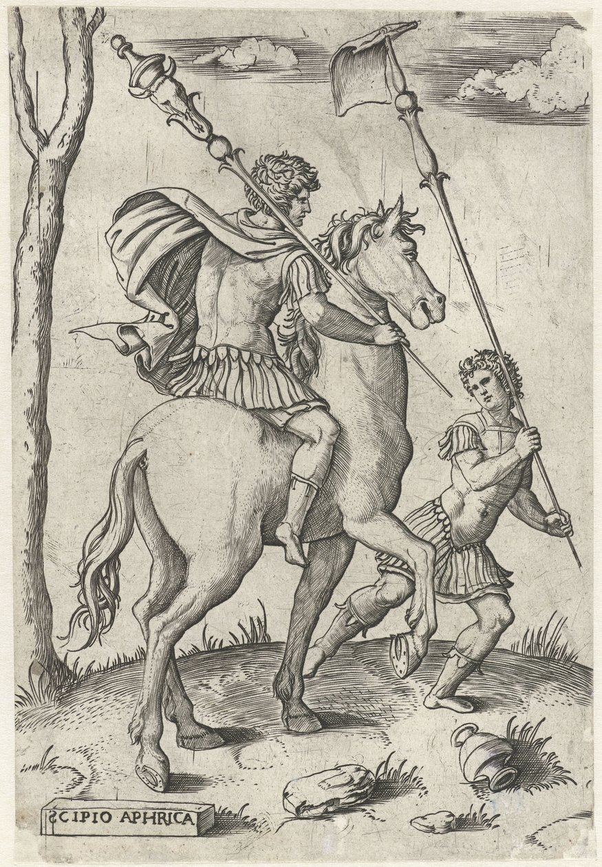 Romerske generaler Scipio Africanus Maior til hest og Scipio Africanus Minor Romerske helte til hest (serietitel) af Marcantonio Raimondi
