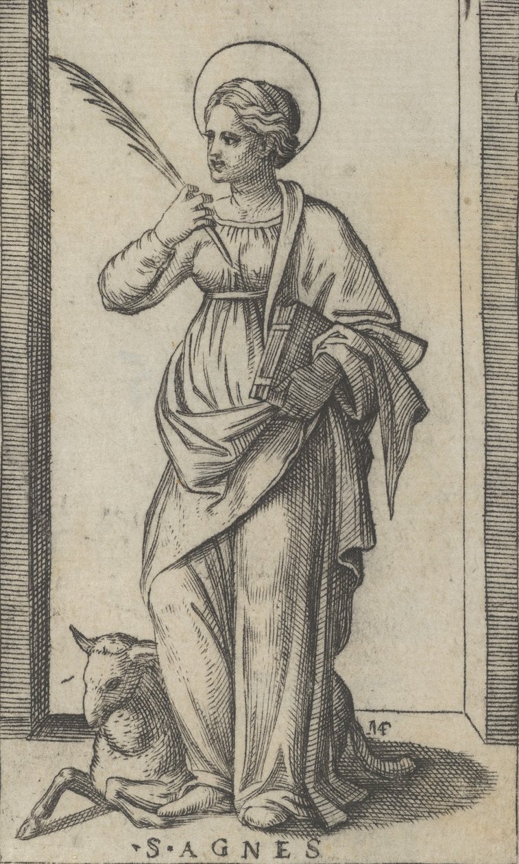 Sankt Agnes står og holder en håndflade i højre hånd, et får nederst til venstre, fra..., ca. 1500-1527. af Marcantonio Raimondi