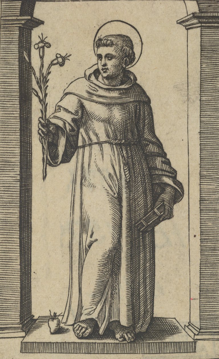 Sankt Antonius af Padua stående, liljer i sin løftede højre hånd, en bog i sin ..., ca. 1500-1527. af Marcantonio Raimondi
