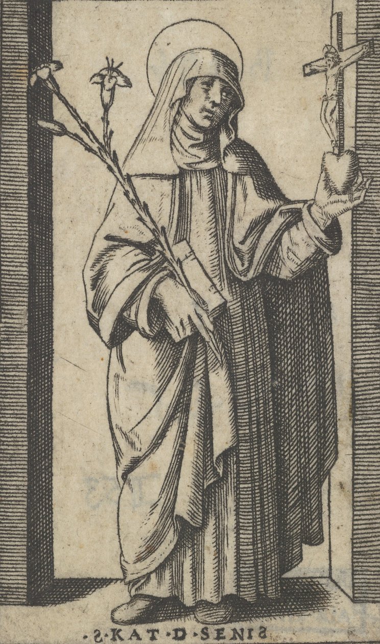 Saint Catherine of Siena stående med blomster og bog i højre hånd, en h..., ca. 1500-1527. af Marcantonio Raimondi