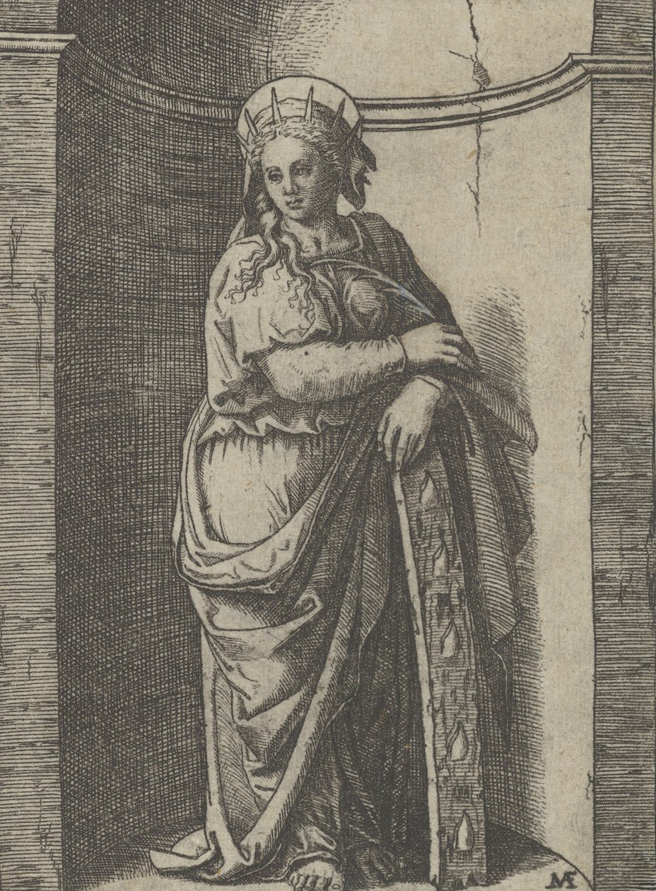 Saint Catherine stående i en niche, hvilende på et hjul, hendes torturinstrument..., ca. 1500-1527. af Marcantonio Raimondi