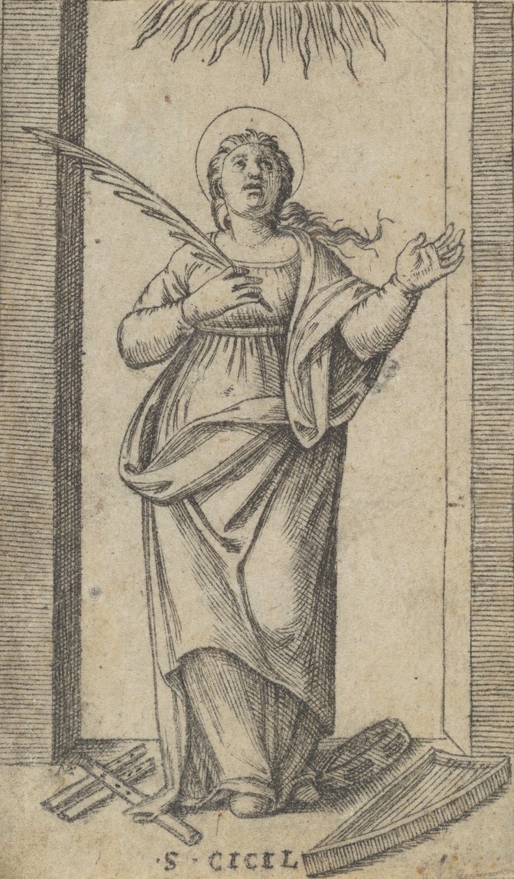 Sankt Cecilia stående med en martyrpalme i højre hånd, fra havet..., ca. 1500-1527. af Marcantonio Raimondi