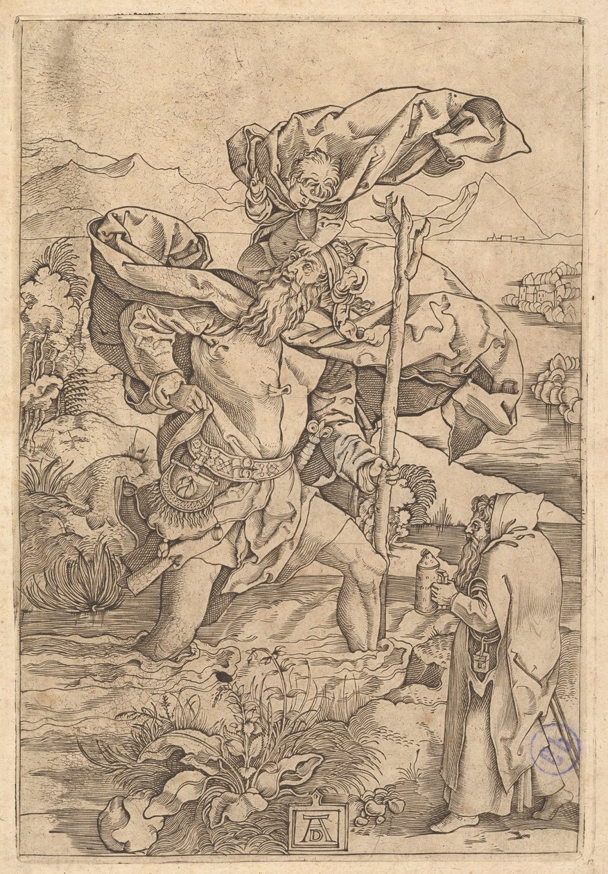 Sankt Christopher krydser floden med Kristus i form af en putto på hans sh..., ca. 1500-1534. af Marcantonio Raimondi