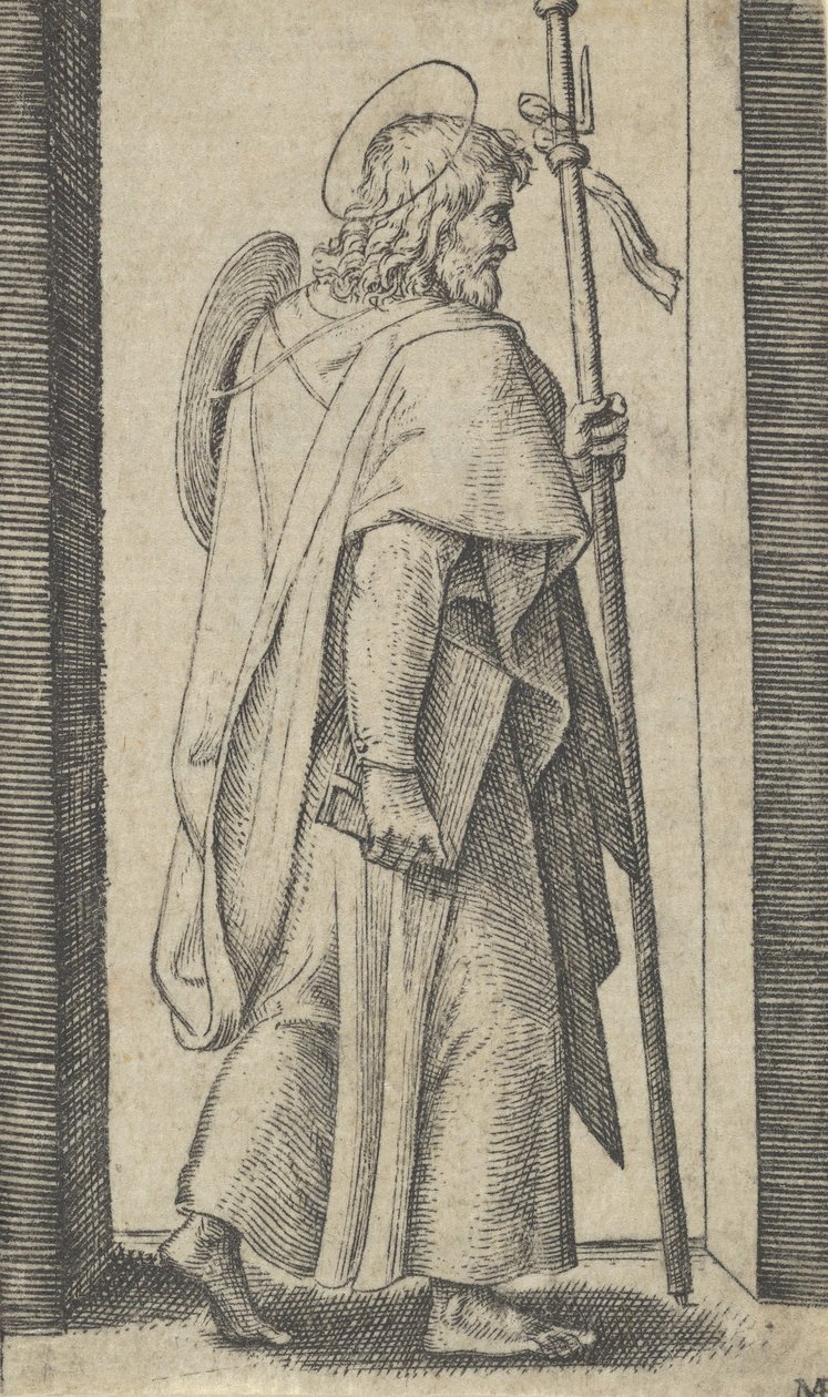 Saint James Major, bog er hans højre hånd, stav i hans venstre mod højre, fra t..., ca. 1500-1527. af Marcantonio Raimondi