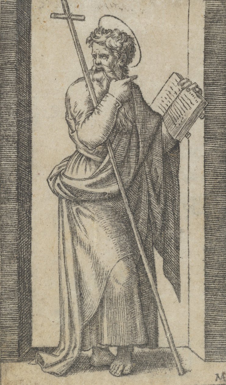 Sankt Filip, bog i venstre hånd, stav hvilende på venstre arm, fra serien..., ca. 1500-1527. af Marcantonio Raimondi