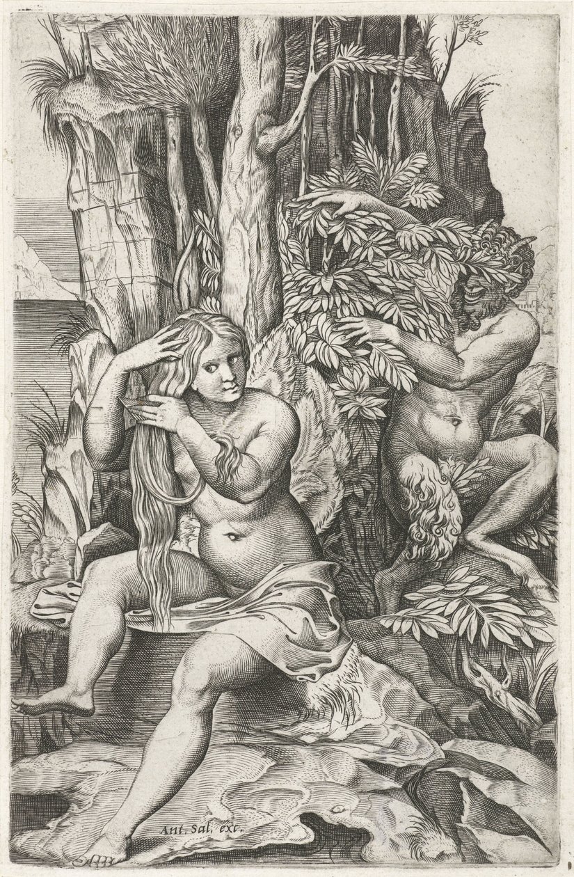 Satyr udspionerer en nymfe på hendes toilet Pan og Syrinx af Marcantonio Raimondi