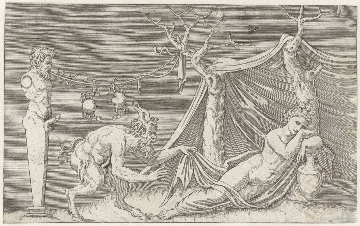 Satyr forfølger en sovende nymfe Mytologiske fremstillinger efter antikke basrelieffer (serietitel) af Marcantonio Raimondi