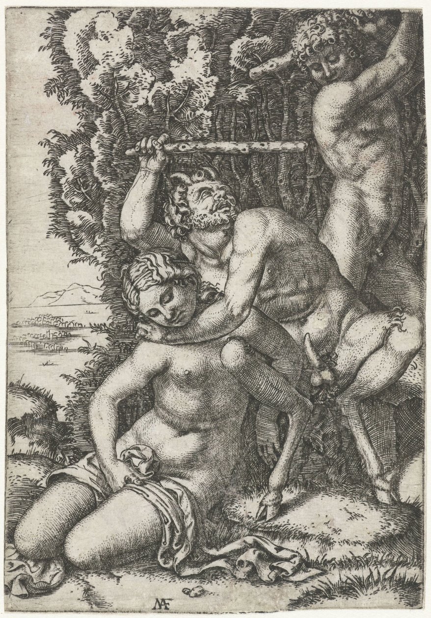 Satyr og ung mand kæmper om nymfe af Marcantonio Raimondi