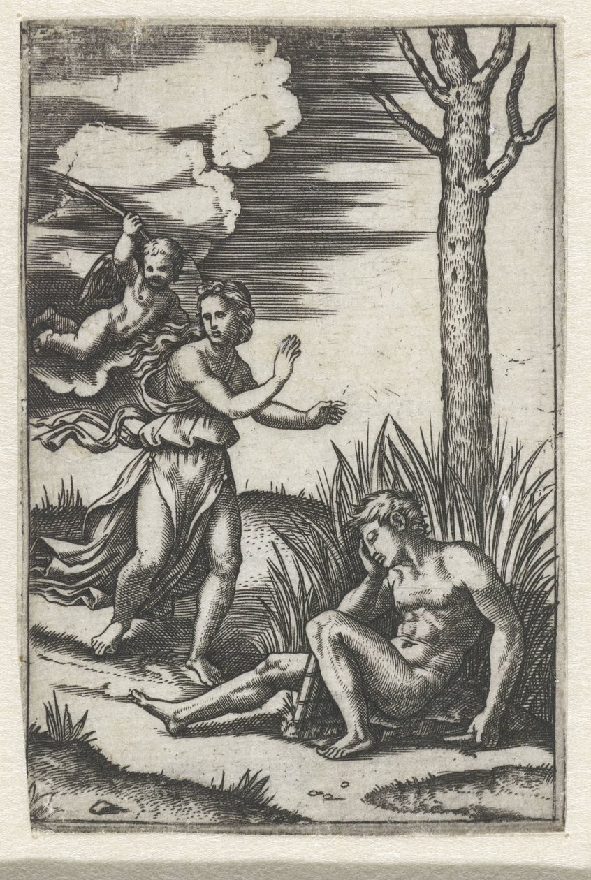 Sovende mand og nymfe jaget af Amor af Marcantonio Raimondi