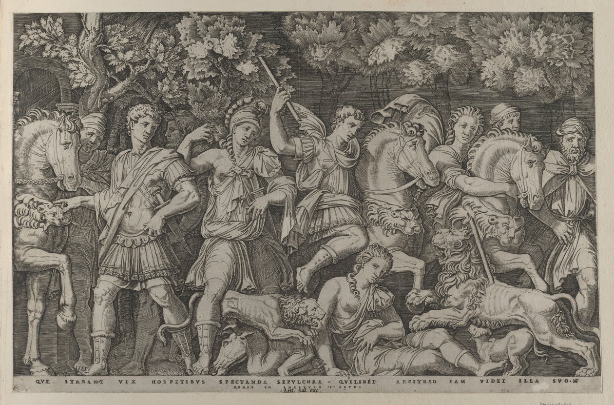 Mirror of Roman Magnificence: The Lion Hunt, ca. 1500-1534., ca. 1500-1534. af Marcantonio Raimondi