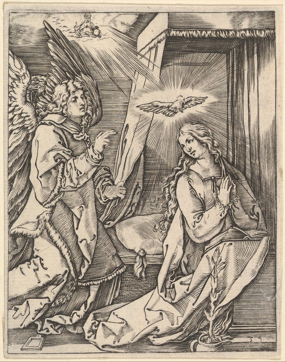 Bebudelsen, til venstre nærmer ærkeenglen Gabriel sig den bedende jomfru..., ca. 1500-1534. af Marcantonio Raimondi