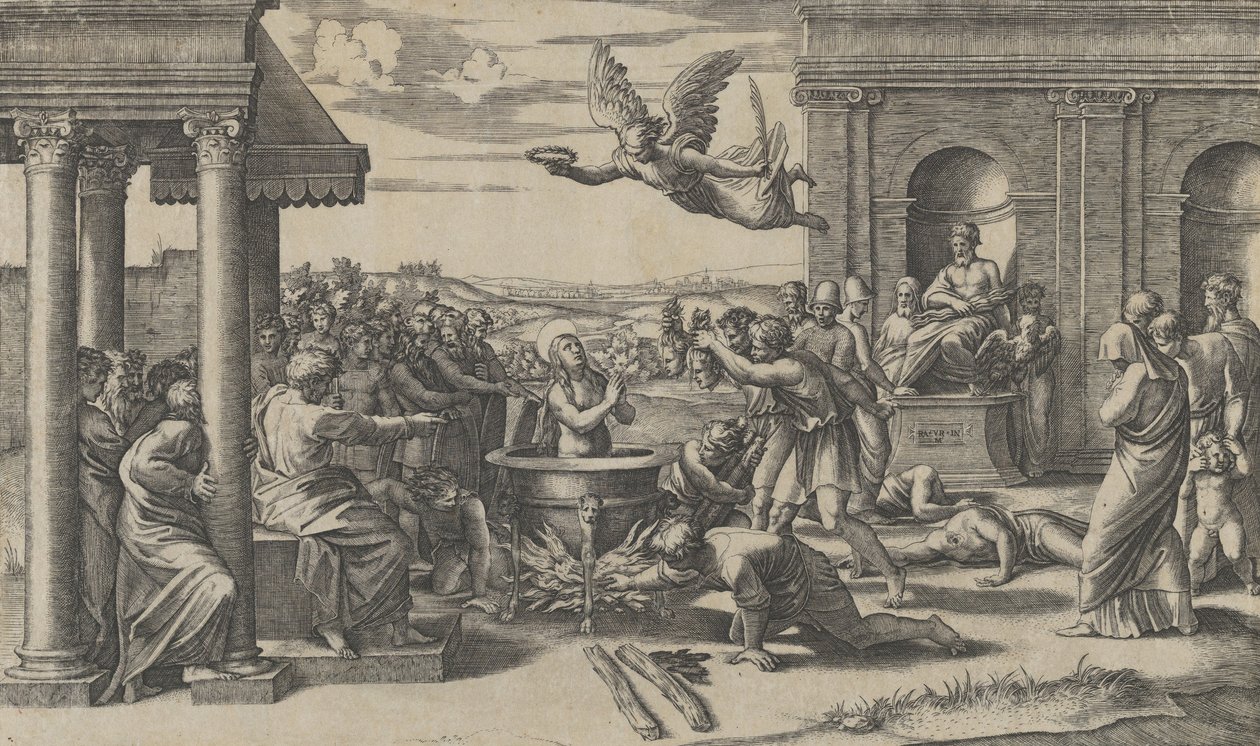 Sankt Cecilias martyrium stående nøgen i en stor kedel, til venstre under..., ca. 1520-25. af Marcantonio Raimondi