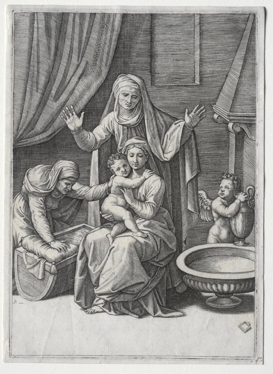 Jomfruen og vuggen med Sankt Elisabeth og Sankt Anne af Marcantonio Raimondi