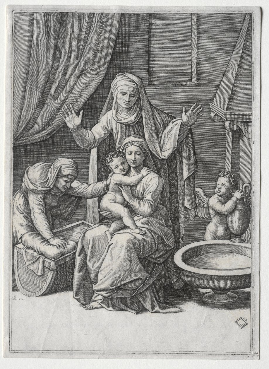 Jomfruen og vuggen med den hellige Elisabeth og den hellige Anne, 1520. af Marcantonio Raimondi