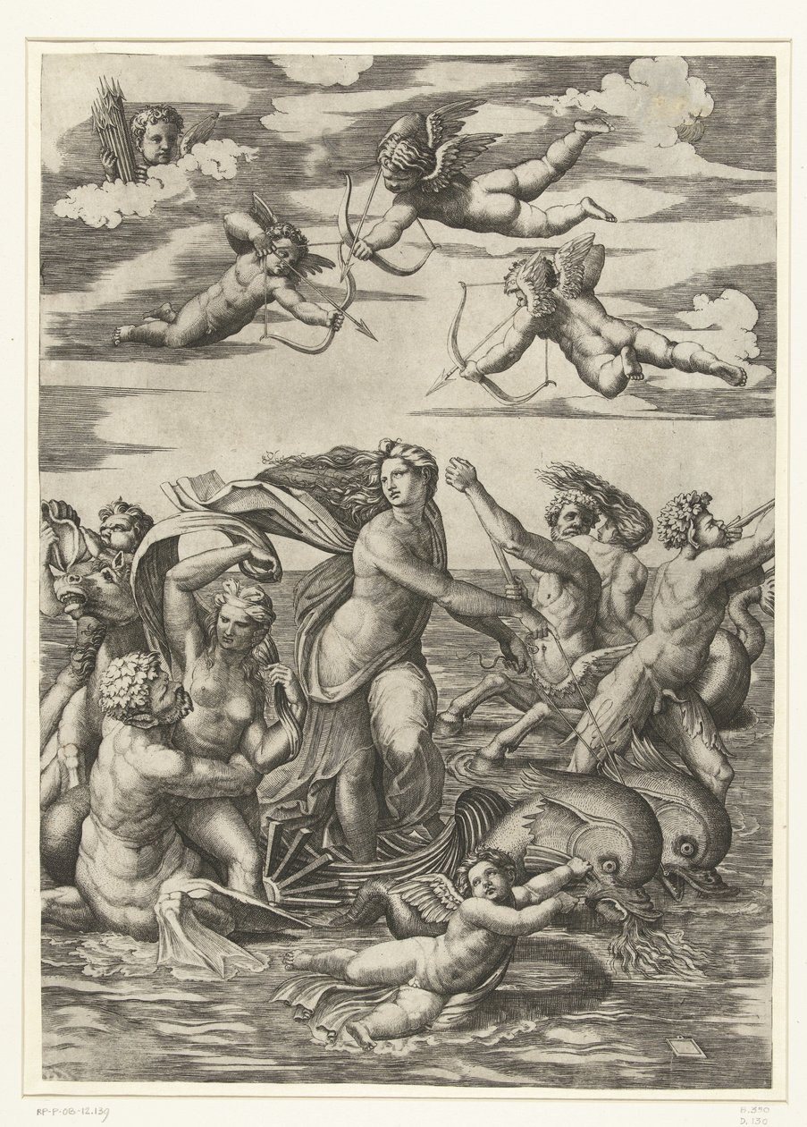 Triomf van Galatea mødte tritons i nereïden in putti af Marcantonio Raimondi
