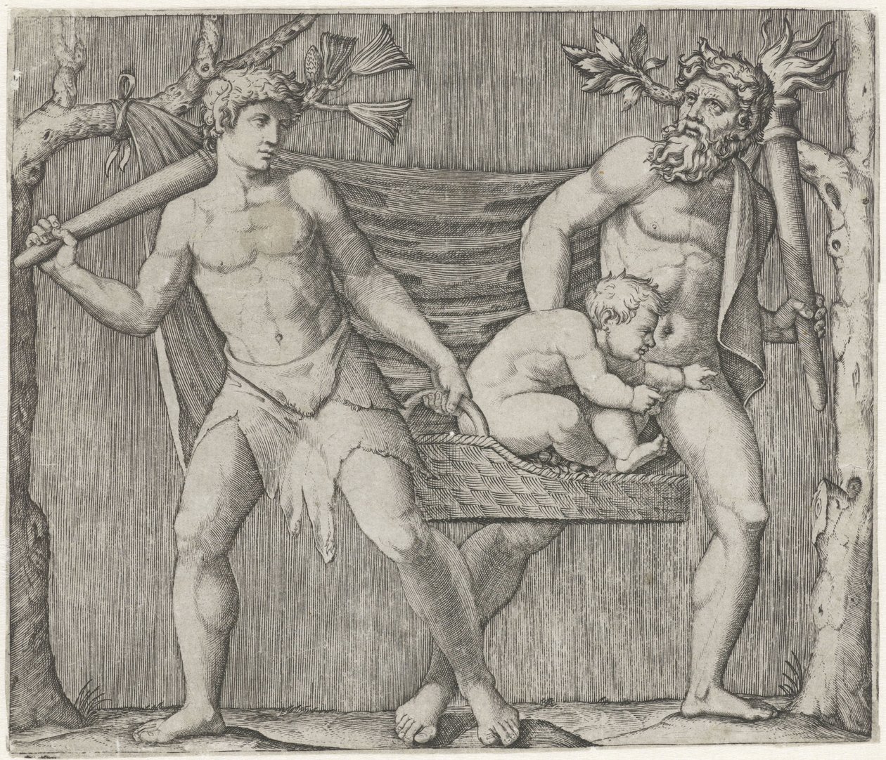 To fauner bærer et barn i en kurv af Marcantonio Raimondi