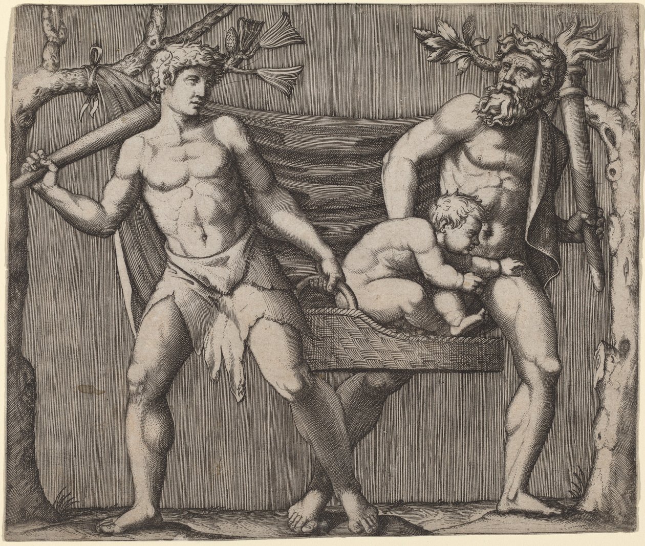 To fauner, der bærer et barn af Marcantonio Raimondi
