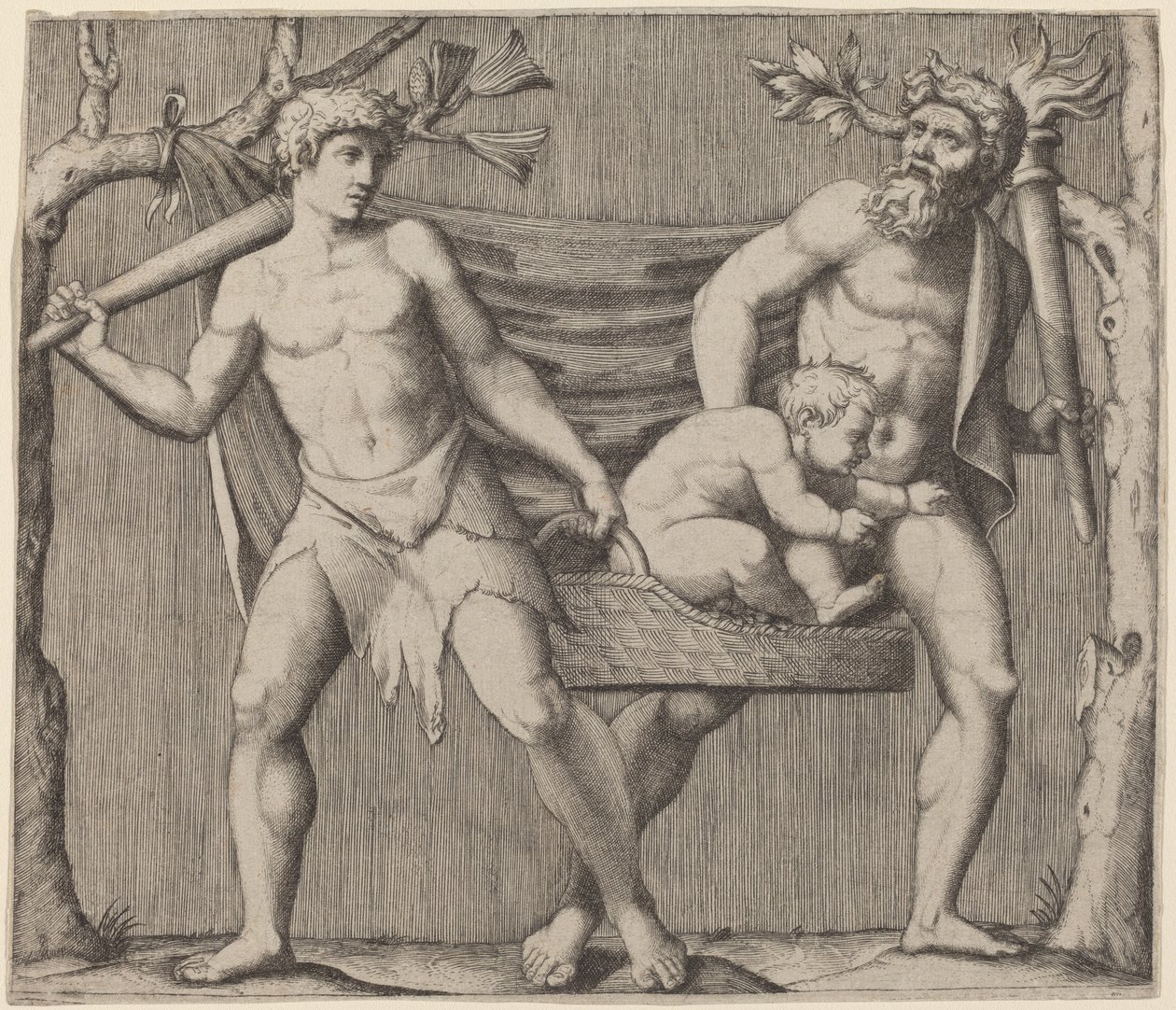 To fauner, der bærer et barn af Marcantonio Raimondi