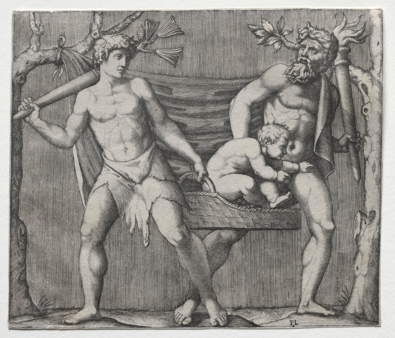 To fauner, der bærer et barn i en kurv af Marcantonio Raimondi