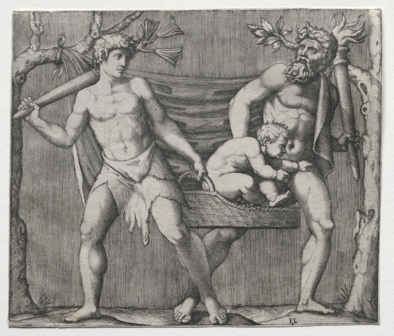 To fauner, der bærer et barn i en kurv, ca. 1513-1515. af Marcantonio Raimondi