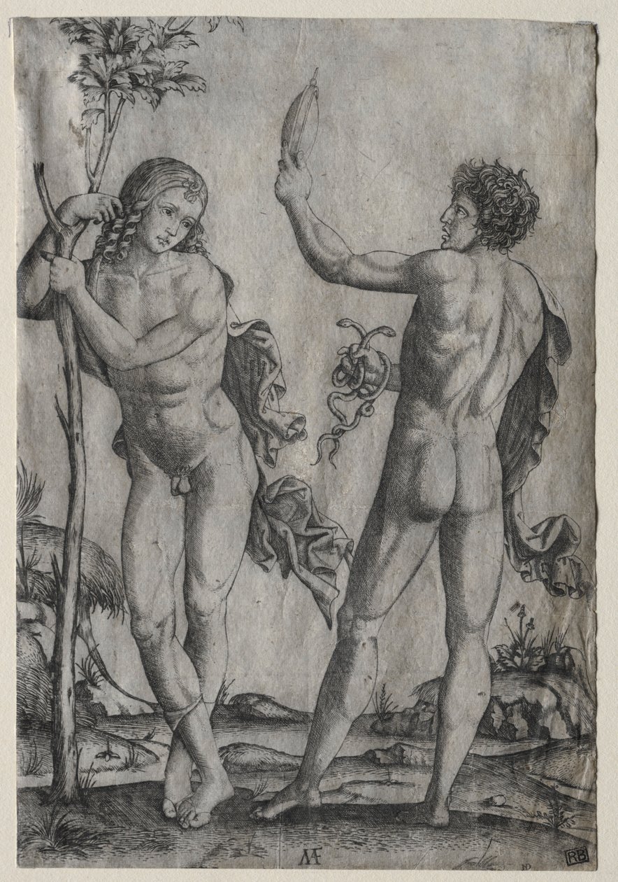 To nøgne mænd ved siden af et træ. af Marcantonio Raimondi