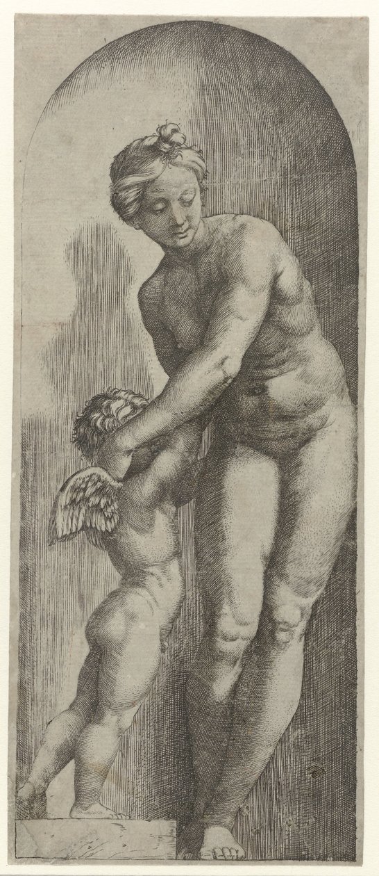 Venus og Amor står i niche af Marcantonio Raimondi