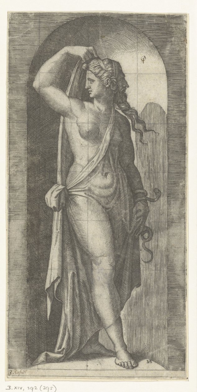 Kvinde som personificering af Prudentia med slange og maske Seven Virtues (serietitel) af Marcantonio Raimondi