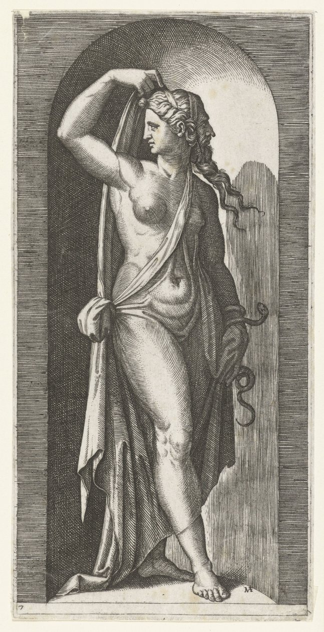 Kvinde som personificering af Prudentia med slange og maske Seven Virtues (serietitel) af Marcantonio Raimondi
