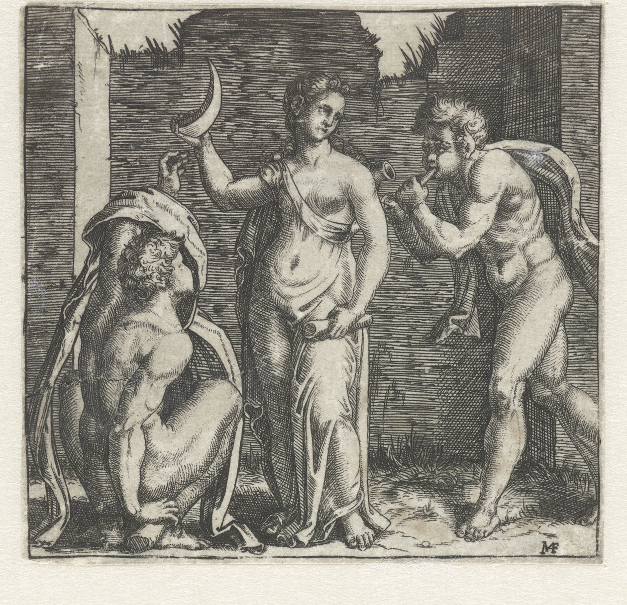 Kvinde med halvmåne flankeret af faun, der blæser i horn og mand, der sidder på hug af Marcantonio Raimondi