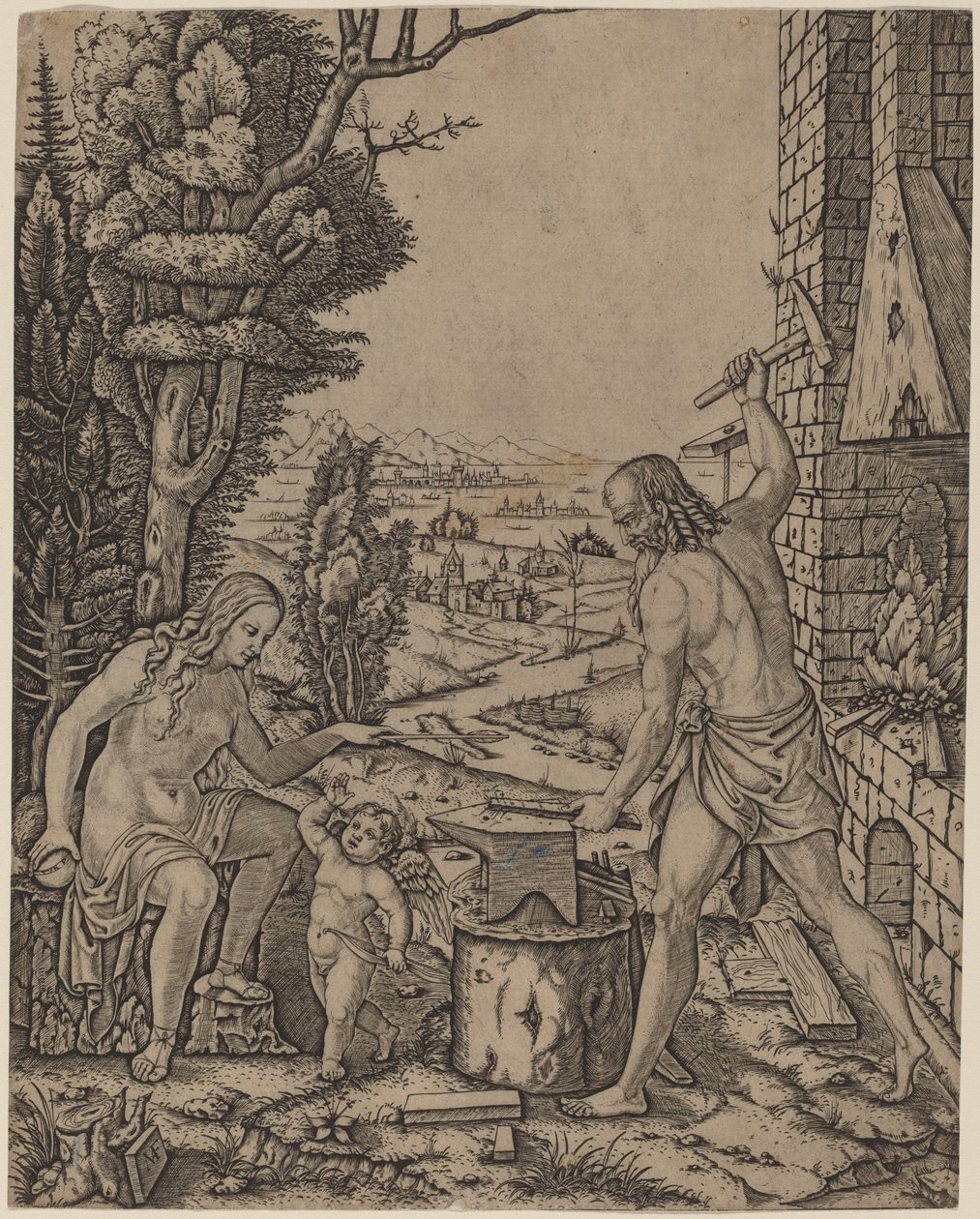 Vulcan, Venus og Eros af Marcantonio Raimondi