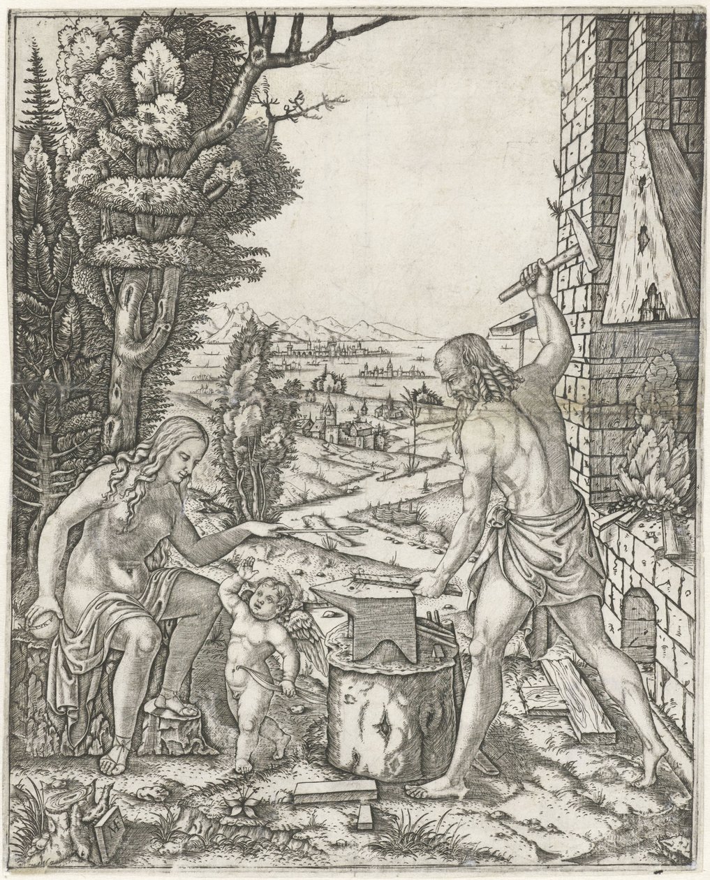 Vulcan smeder pile og vinger til Amor i nærvær af Venus af Marcantonio Raimondi