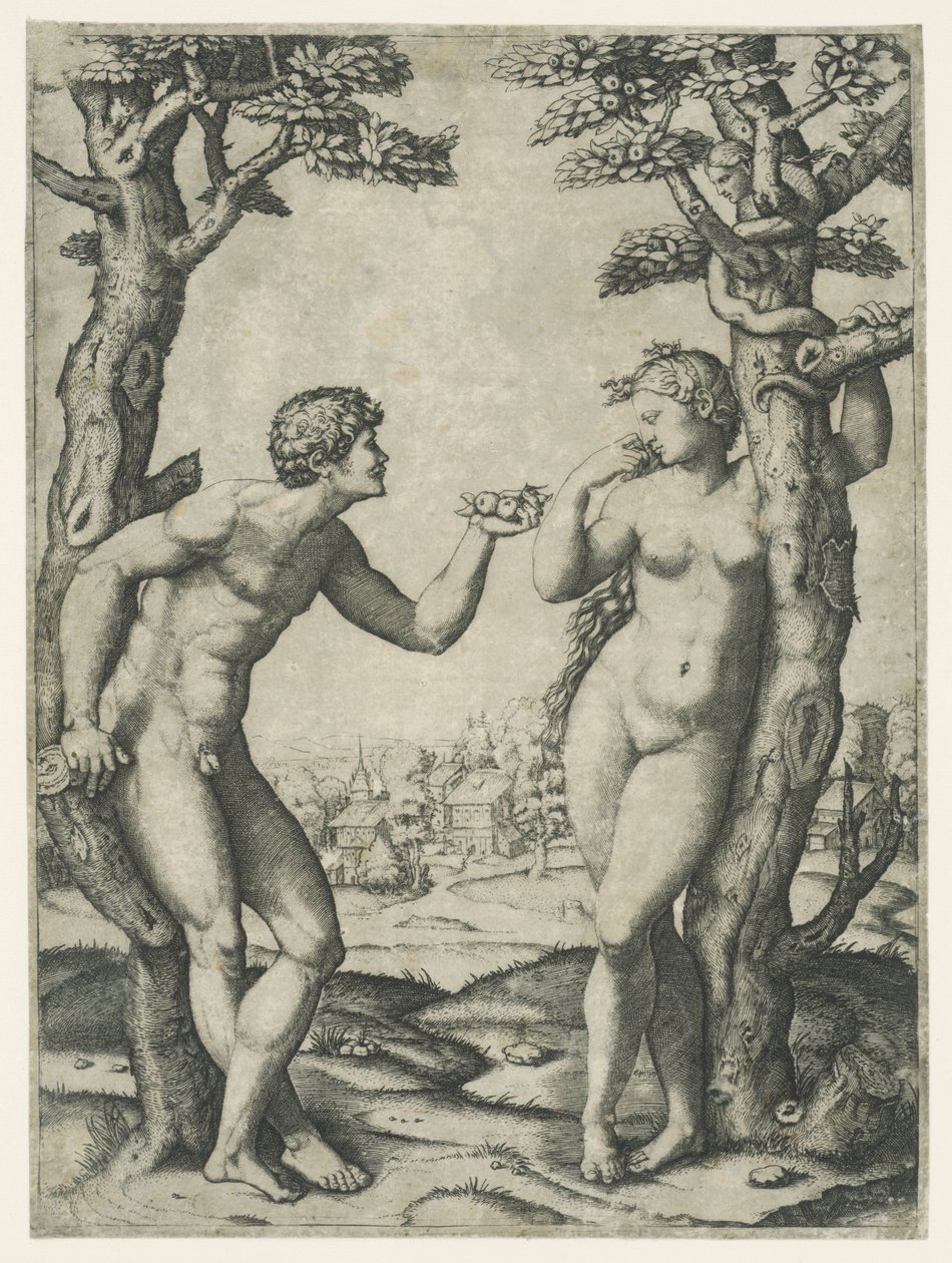 Adams og Evas fald ved træet til kundskab om godt og ondt med slange af Marcantonio Raimondi