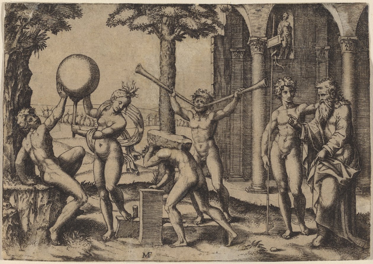 Manden med to trompeter af Marcantonio Raimondi after Baccio Bandinelli