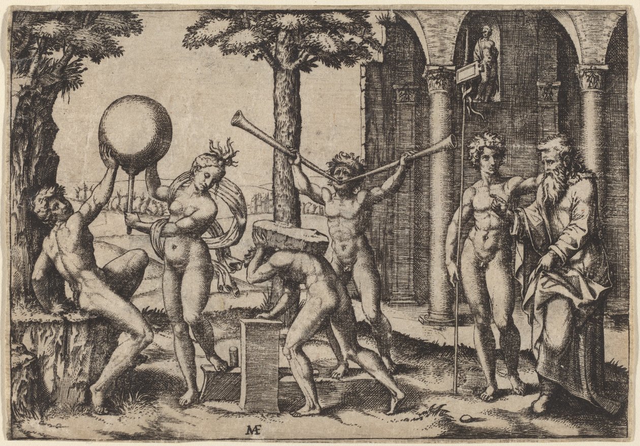 Manden med to trompeter af Marcantonio Raimondi after Baccio Bandinelli