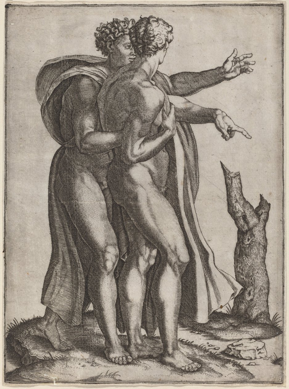 To nøgne mænd af Marcantonio Raimondi after Michelangelo