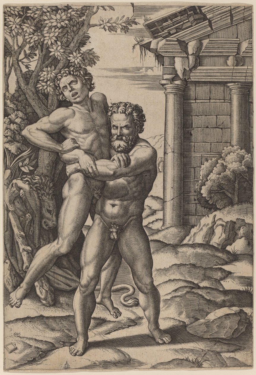 Hercules og Antaeus af Marcantonio Raimondi, after Raphael