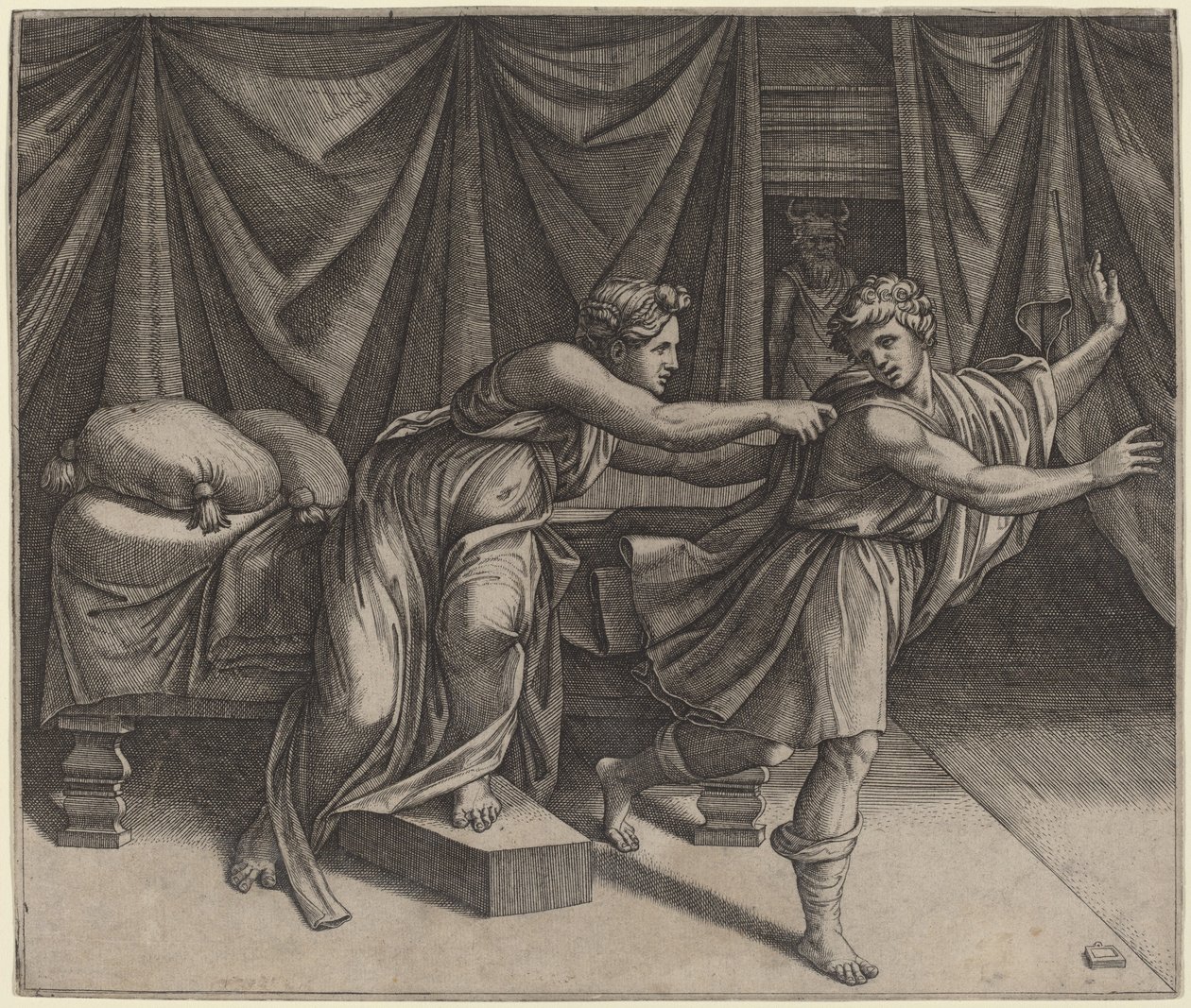 Josef og Potifars hustru af Marcantonio Raimondi after Raphael