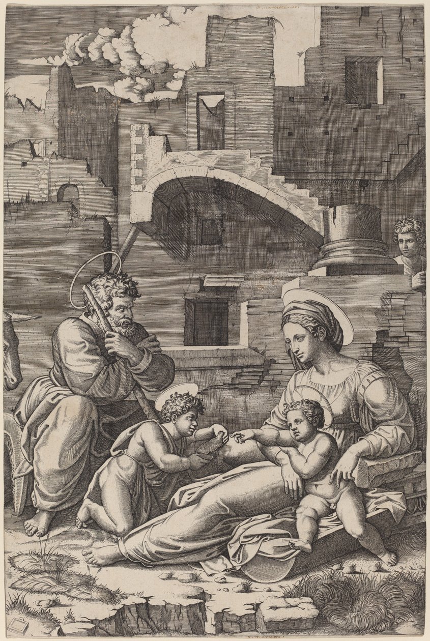 Den hellige familie med den unge Sankt Johannes Døberen (Madonnaen af det lange lår) af Marcantonio Raimondi after Raphael