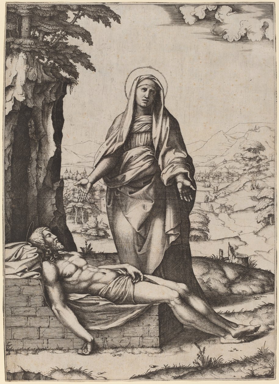 Jomfruens klagesang af Marcantonio Raimondi after Raphael