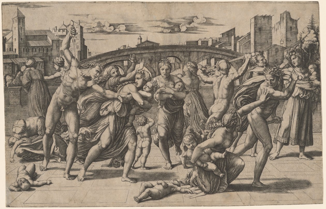 Massakren på de uskyldige af Marcantonio Raimondi after Raphael