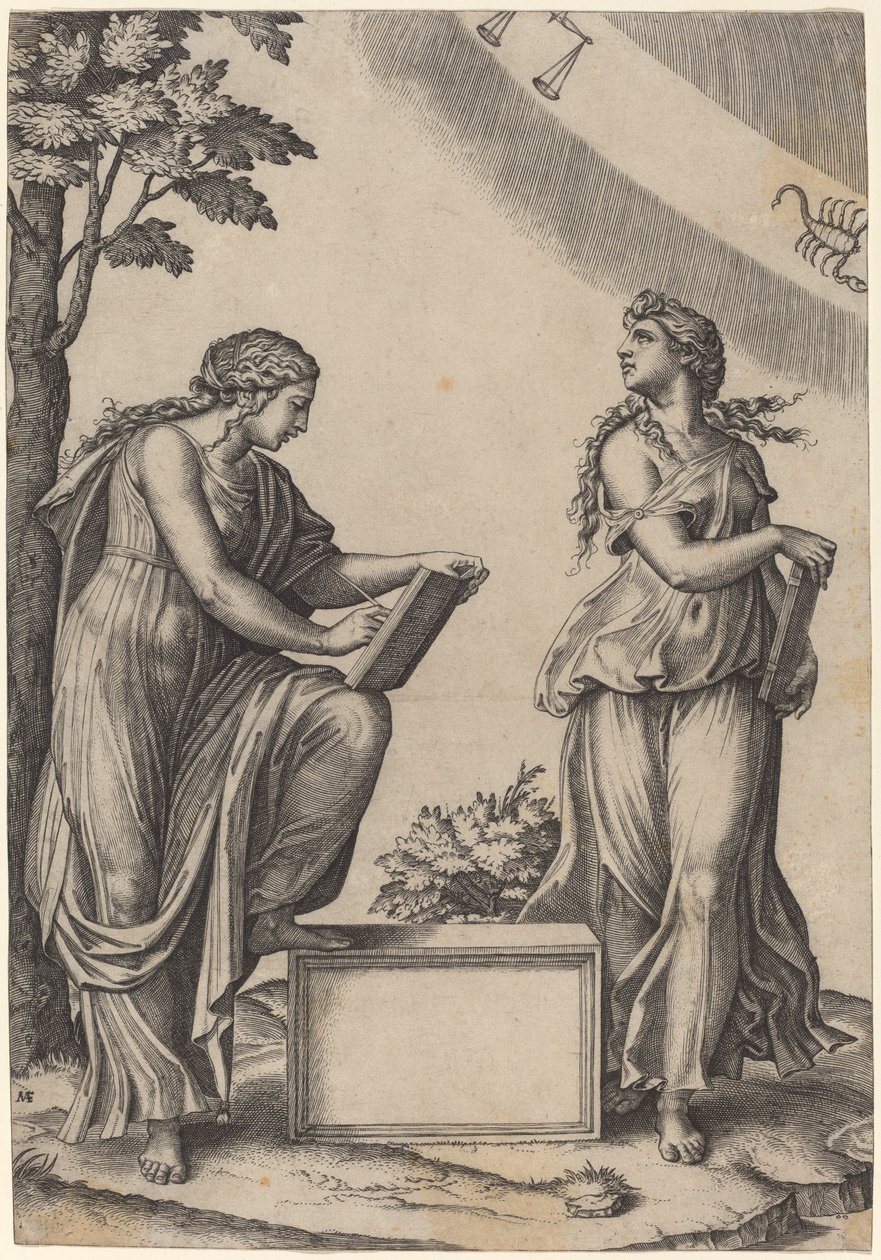 To kvinder med stjernetegn af Marcantonio Raimondi after Raphael