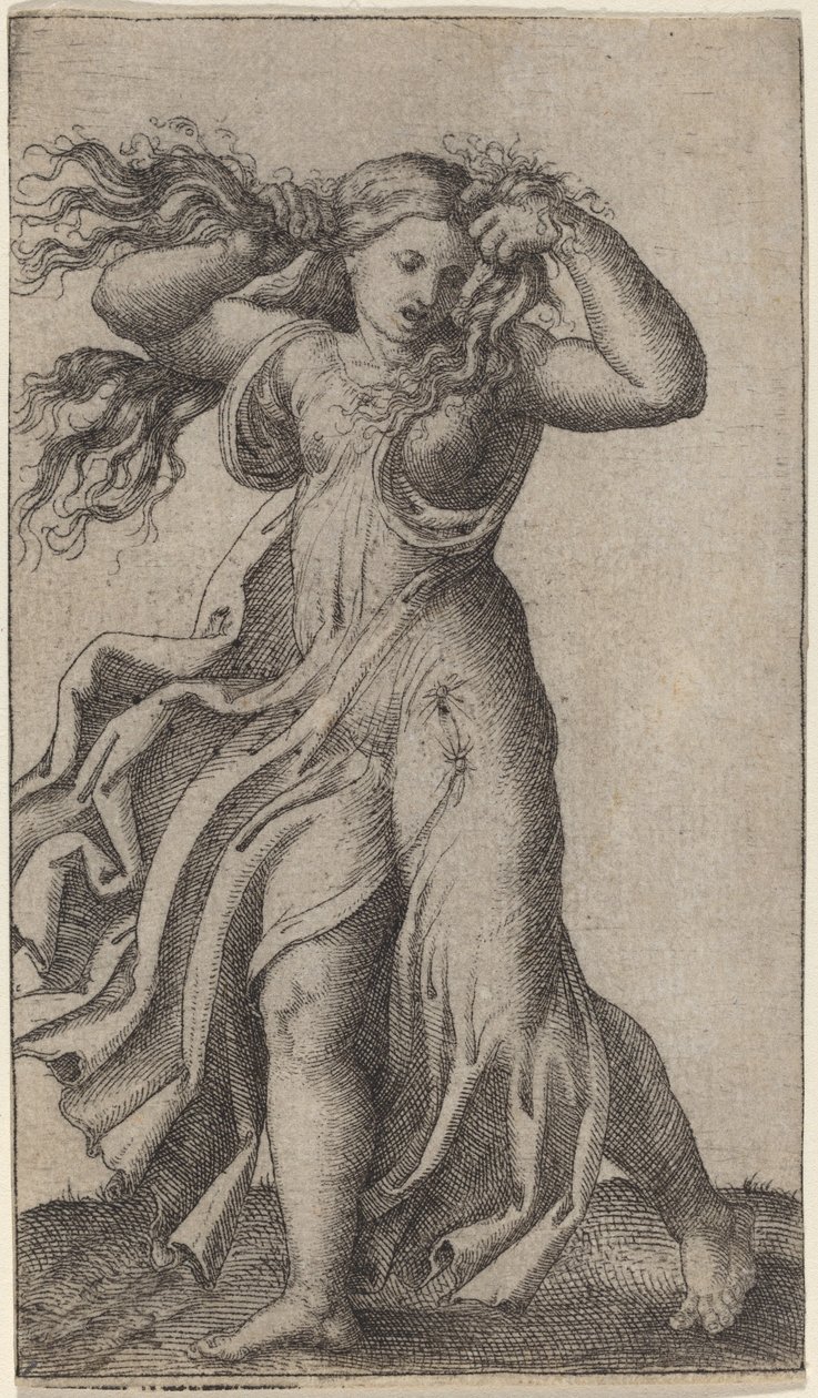 Kvinde, der trækker sit hår af Marcantonio Raimondi possibly after Francesco Francia