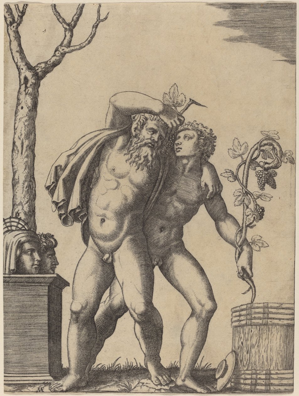 En ung og en gammel Bacchant af Marcantonio Raimondi possibly after Raphael possibly after Giulio Romano