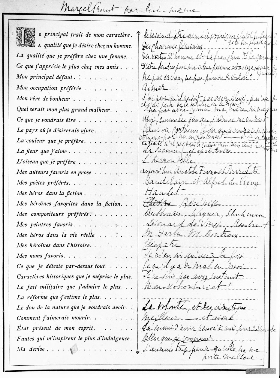 Spørgeskema udfyldt af Marcel Proust, 1890 (pen, blæk og trykt papir) af Marcel Proust