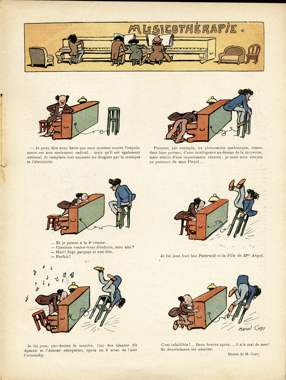 Illustration af Marcel Capy (1865-1941) i Le Rire, 30/03/12 - Musikterapi - Musik, klaver af Marcel Amable O.L. Capy