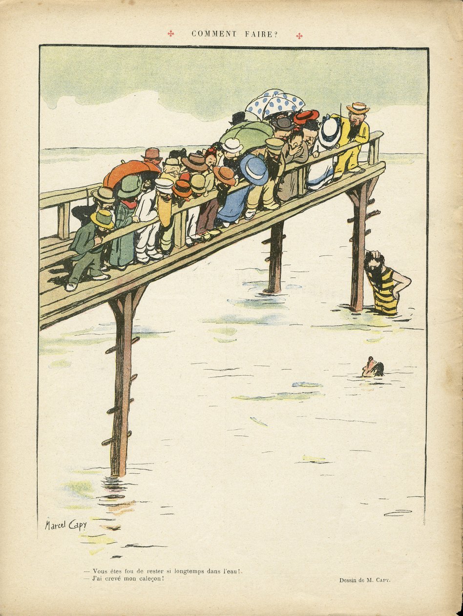 Illustration af Marcel Capy (1865-1941) i Le Lire, 24/08/12 - Hvordan gør man det? - Fritid, Arkitektur Byplanlægning, Marine Marine Seaside, Svømning Svømning Svømning, Crowd af Marcel Amable O.L. Capy